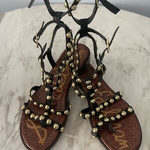 Sam Edelman Gold Studded Black Leather Gladiator Sandals 7 1/2